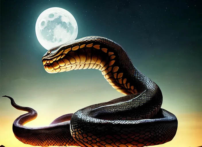 Image similar to giant snake on a moonlit desert, fantasy, d & d, art by artgerm and greg rutkowski, cinematic shot, intricate, ornate, photorealistic, ultra detailed, trending artstaition, realistic, 1 0 0 mm, photography, octane, high definition, depth of field, bokeh, 8 k