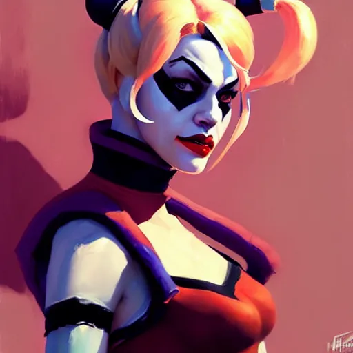 Prompt: Greg Manchess portrait painting of Harley Quinn as Overwatch character, medium shot, asymmetrical, profile picture, Organic Painting, sunny day, Matte Painting, bold shapes, hard edges, street art, trending on artstation, by Huang Guangjian and Gil Elvgren and Sachin Teng