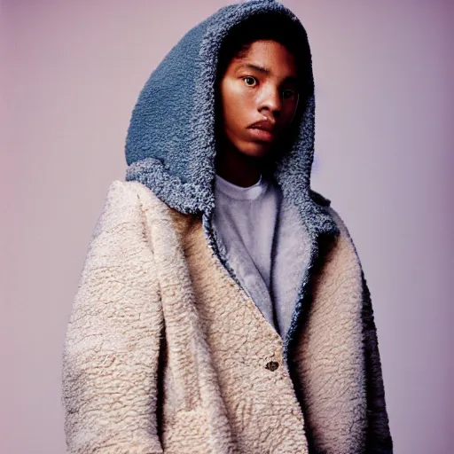 Image similar to realistic photoshooting for a new balenciaga lookbook, color film photography, portrait of a beautiful woman, model wearing a sherpa jacket, by photo in style of Tyler Mitchell, 35mm,