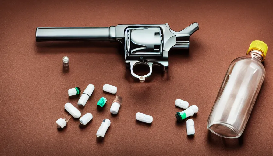 Image similar to hyper-realistic image of a revolver with a prescription medicine bottle as chamber cylinder beautiful color, high quality, high textured