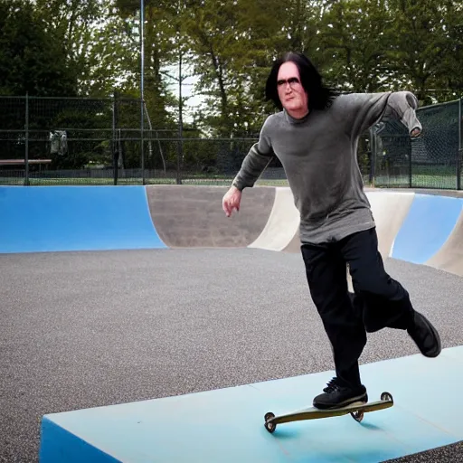 Prompt: Severus Snape skateboarding at the skate park, doing an olly, 4k, DLSR