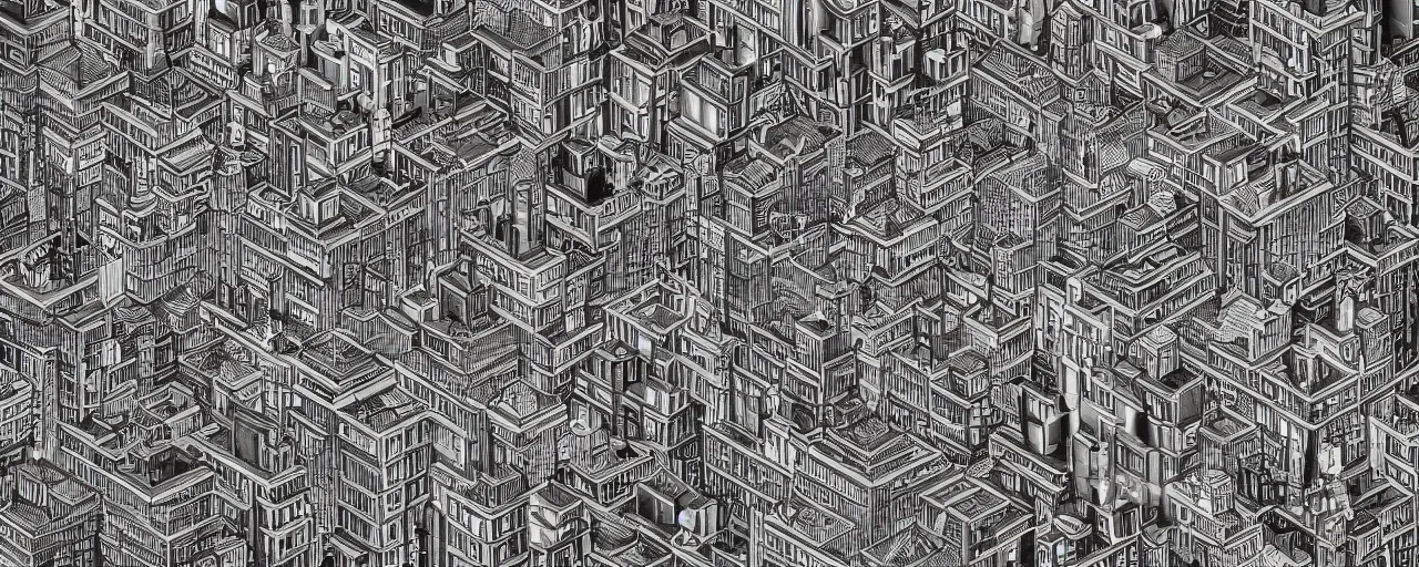 Image similar to a highly detailed cityscape, black and white, in the style of MC Escher, 4k