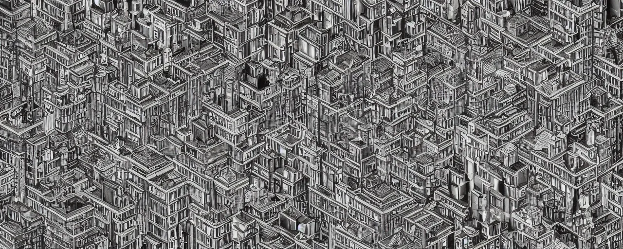 Prompt: a highly detailed cityscape, black and white, in the style of MC Escher, 4k