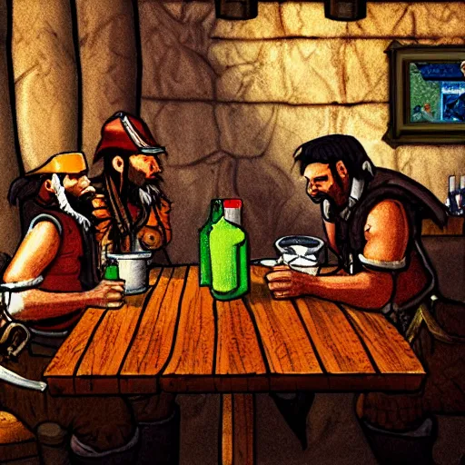 Image similar to Three important pirates drinking grog in a tavern table 16 bit computer art