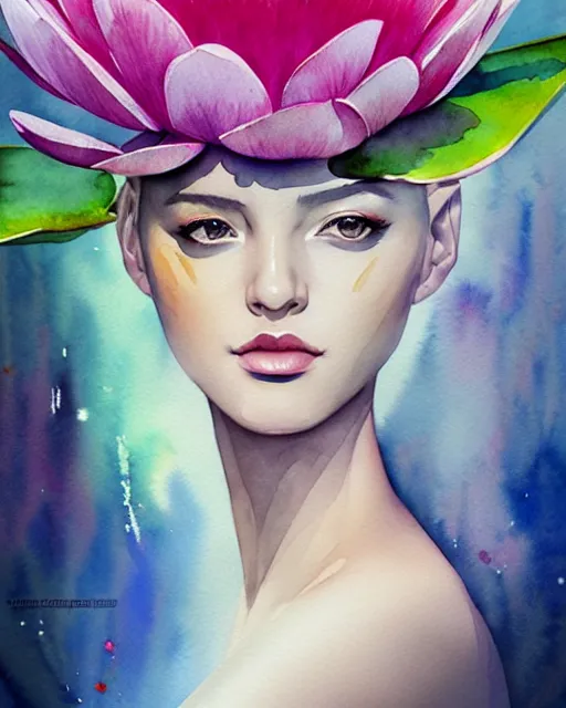 Image similar to watercolor waterlily priestess portrait, artgerm, wlop, petros afshar