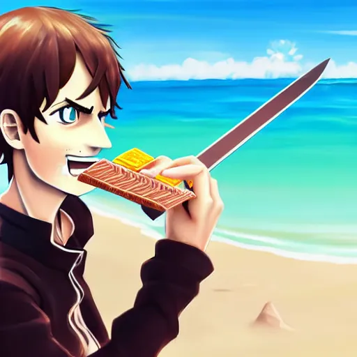 Image similar to andy murray eating chocolate on the beach, sunshine, illustration, style of sword art online, trending on artstation