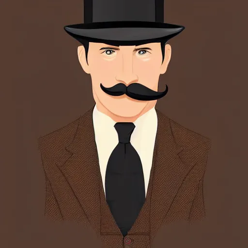 Image similar to Portrait of a man with brown hair and a brown mustache in black suit and black top hat, studio lighting, Sigma 85 mm f/1.4., digital painting, vector art, trending on artstation, sharp shadows