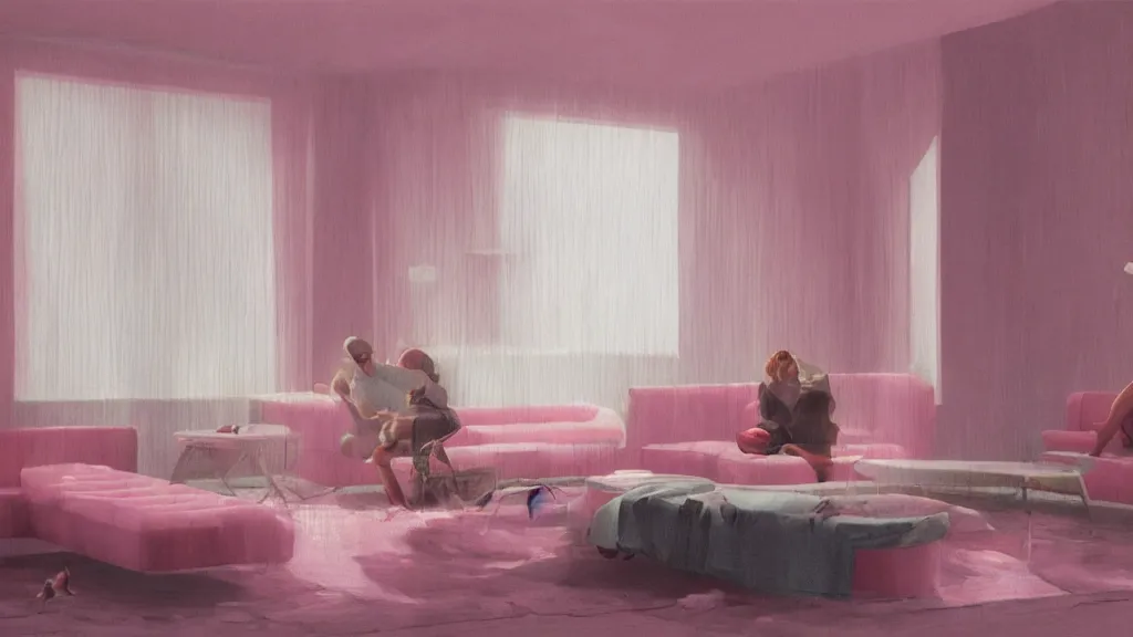 Image similar to pizza party on vintage pink velour sofa, white walls, daytime, soft light through blinds, particles, by herbert james harper, detailed, volumetric lighting, concept art, cinematic, 3 5 mm lens, 4 k