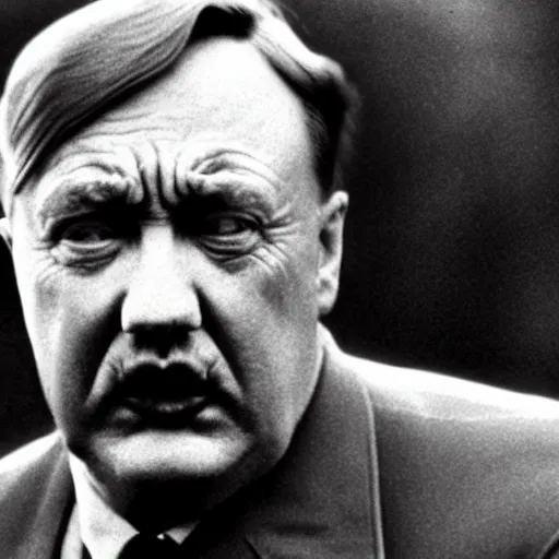 Prompt: a close up view of the face a hybrid between donald trump and hitler