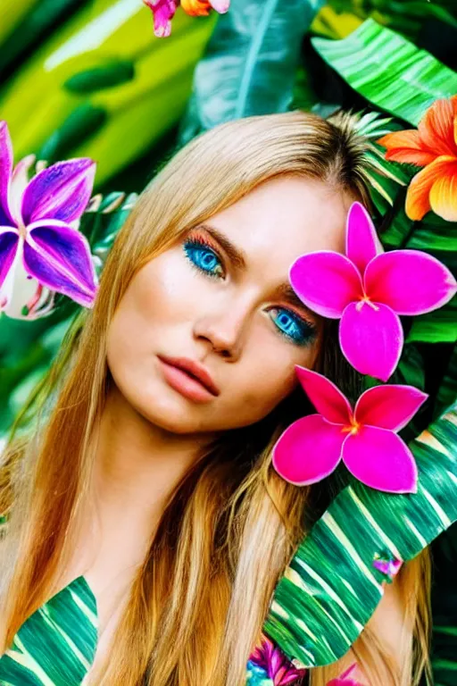 Image similar to an attractive girl is surrounded by colourful tropical flowers and plants, symmetric face and eyes, upper body face shot, long straight blonde hair, visible face