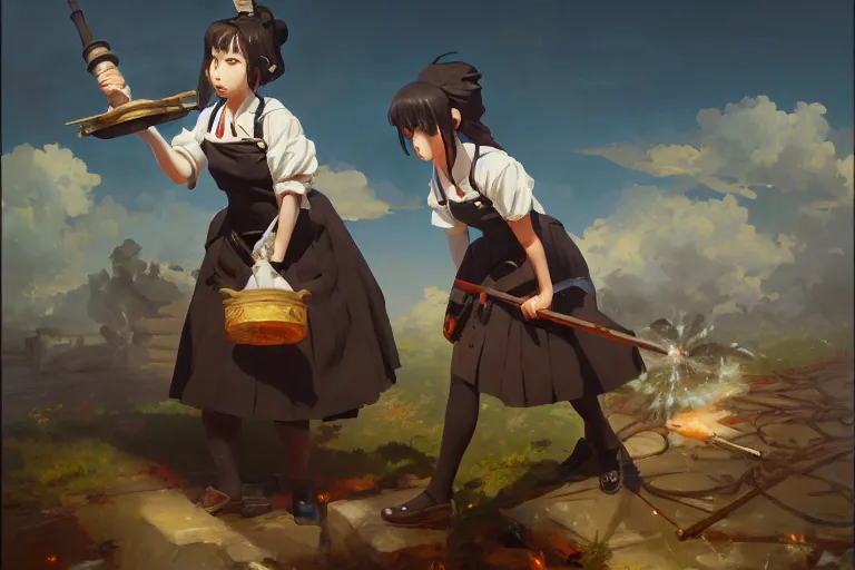 Prompt: baroque oil painting of anime key visual concept art of anime maid operating mortar 1 9 4 0 trenches colorized, trending on artstation, palette knife and brush strokes, oil on canvas, makoto shinkai greg rutkowski studio ghibli