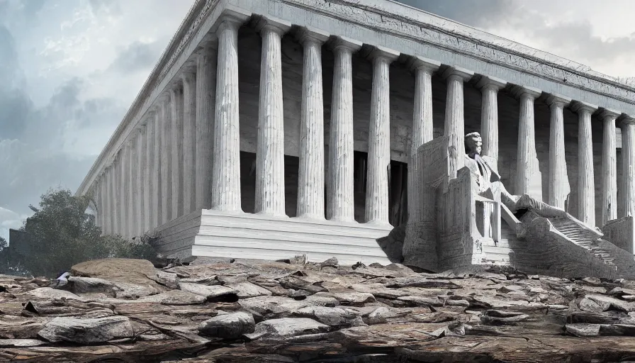 Image similar to destroyed lincoln memorial, hyperdetailed, artstation, cgsociety, 8 k