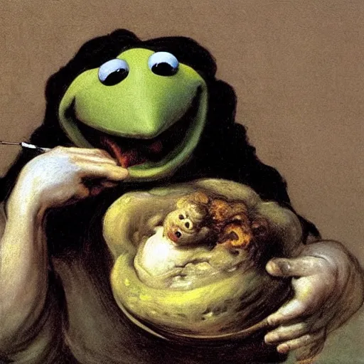 Image similar to “Kermit the Frog Devouring His Son” by Francisco Goya, in the style of “Saturn Devouring His Song”, fresco, horror