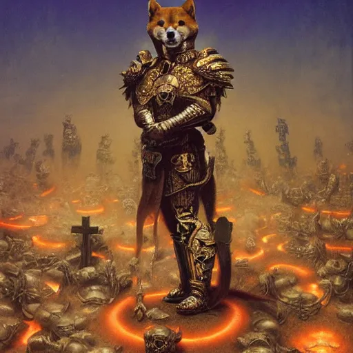 Image similar to anthropomorphic shiba inu, wearing gold armor, standing on pile of skulls, graveyard of skulls, fantasy 3 d render, masterpiece, glowing red light aura, by donato giancola and greg rutkowski and wayne barlow and zdzisław beksinski, realistic face