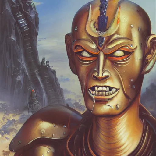 Image similar to A mixed media portrait painting of a naraka buddhist demons, sweat, aesthetic symmetrical face and eyes, photorealistic, model, wet, starship-troopers, pacific-rim-mech in background, eighties pinup style, by Frank Frazetta, Boris Vallejo, Beeple, Greg Rutkowski, Christian MacNevin, epic fantasy character art, high fantasy, CGsociety, exquisite detail, post-processing, masterpiece, cinematic