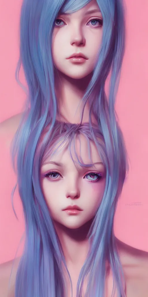 Image similar to a singular beautiful girl with pink and blue dyed hair, realistic female portrait, highly detailed, by ilya kuvshinov, makoto shinkai, photorealistic