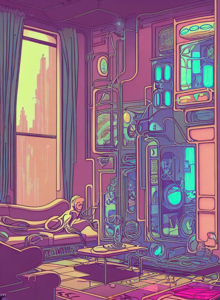 Image similar to telephoto 7 0 mm f / 2. 8 iso 2 0 0 photograph depicting the feeling of chrysalism in a cosy safe cluttered french sci - fi ( art ( nouveau ) ) cyberpunk apartment in a pastel dreamstate art cinema style. ( living room ) ( ( fish tank ) ), ambient light.