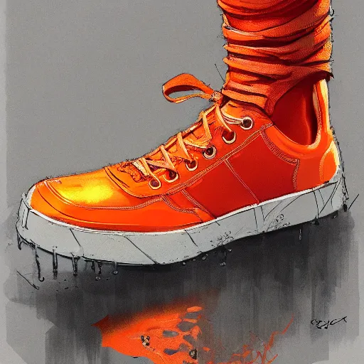 Prompt: water resistant orange sneakers, by Craig mullins, Steve Purcell, Ralph McQuarrie. Design. Fashion. Trending on artstation. Centered image, no background