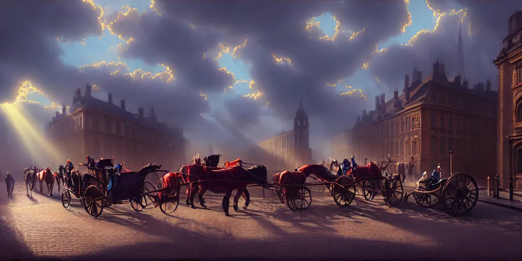 Prompt: nineteenth century london, streets, god rays, carriages with horses, classy people walking, vivid colors, digital art, landscape, fantasy art, octane render, ureal engine, high detail, very realistic, by greg rutkowski. by james gurney