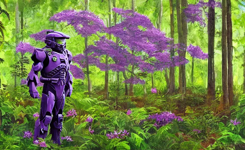 Prompt: master chief in a lush forest landscape with very tall trees and purple flowers in the style of normal rockwell
