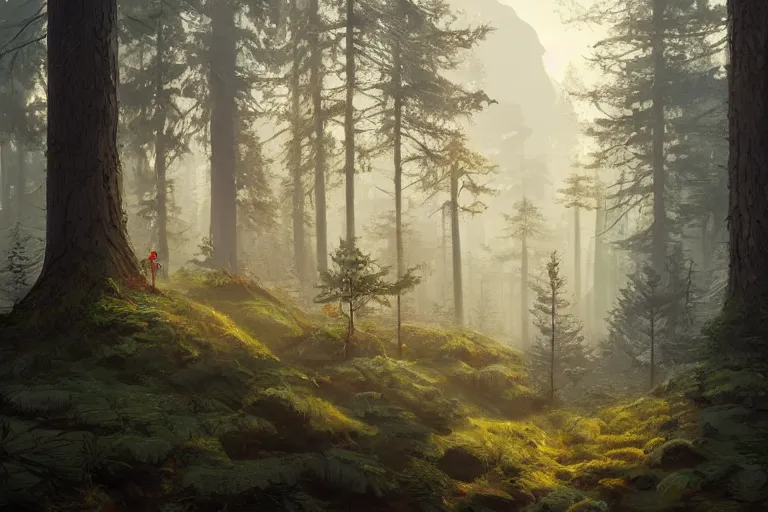 Prompt: beautiful swedish forest view, cinematic composition, soft lighting, very wide shot, trending on artstation, 50mm, by Noah Bradley, by Simon Stålenhag