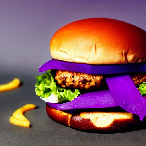 Prompt: a stock photo of a cheeseburger on a purple background, product photography, f 2. 4, bokeh effect, award winning