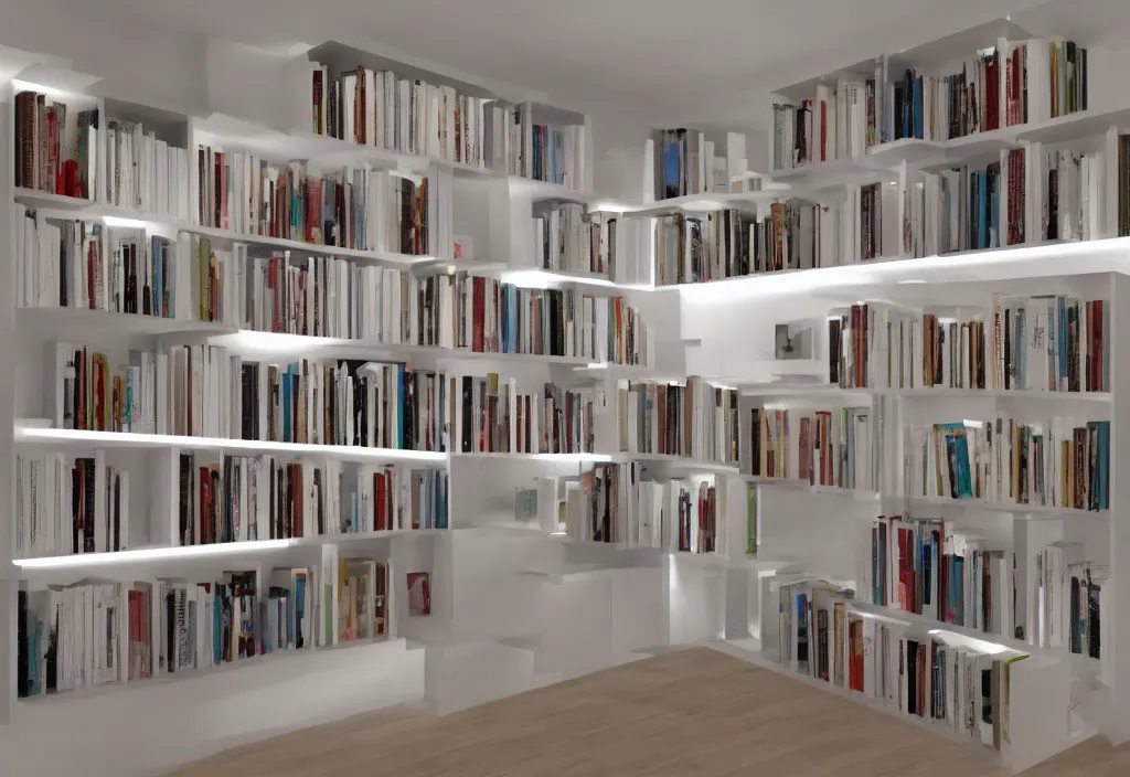 Image similar to bookshelves with led strip lights under each shelf, up close, homes and gardens, super detailed render, award winning,