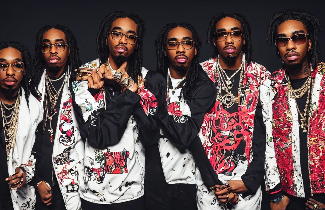 Prompt: photo of the rap trio migos members quavo, offset and takeoff, product shot, macro, hyper realistic, 4 k, 8 k