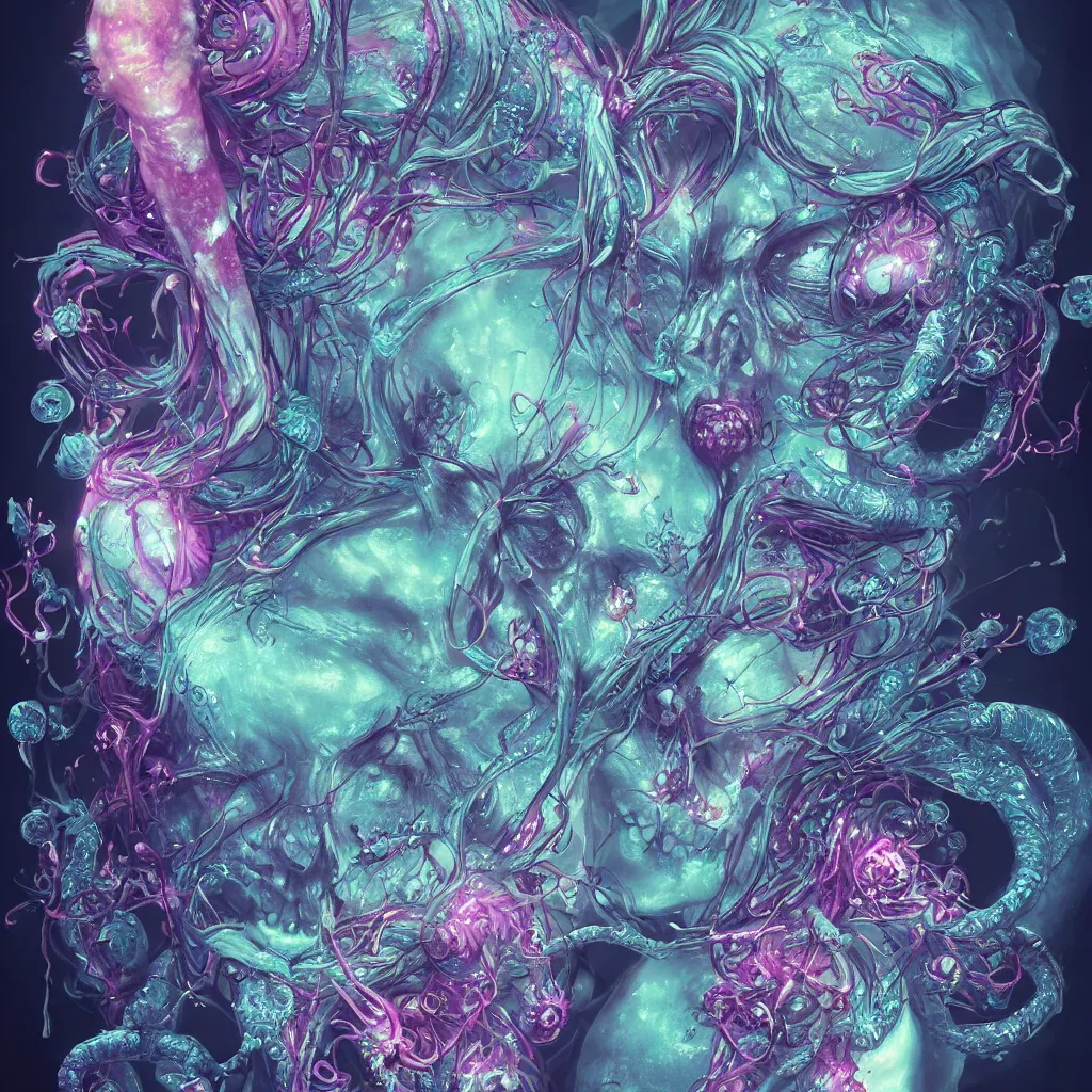 Prompt: close-up portrait goddess horned skull, x-ray, backbone, jellyfish phoenix head, nautilus, orchid, betta fish, bioluminiscent creatures, dark deep complex air bubbles in background, intricate artwork by Tooth Wu and wlop and beeple. octane render, trending on artstation, greg rutkowski very coherent symmetrical artwork. cinematic, high contrast, hyper realism, high detail, octane render, 8k