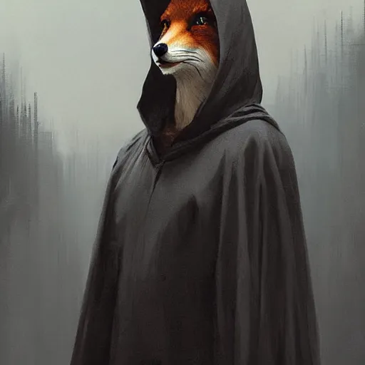 Prompt: A portrait of an anthropomorphic fox in a black hooded robe by Greg Rutkowski