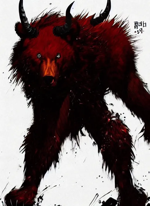 Image similar to A horned bear spirit with red fur. In style of Yoji Shinkawa and Hyung-tae Kim, trending on ArtStation, dark fantasy, great composition, concept art, highly detailed.