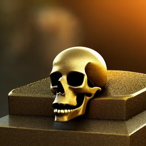 Image similar to a skull made of solid gold sits on a gravestone in an abandoned graveyard, beautiful detailed intricate insanely detailed octane render, 8k artistic photography, photorealistic, cinematic lighting