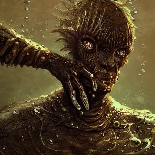 Image similar to creepy humanoid merfolk monster, slimy, wet, disturbing, long fingers, crawling up from shallow water, realistic, atmospheric, highly detailed, illustration, painting, concept art, scary