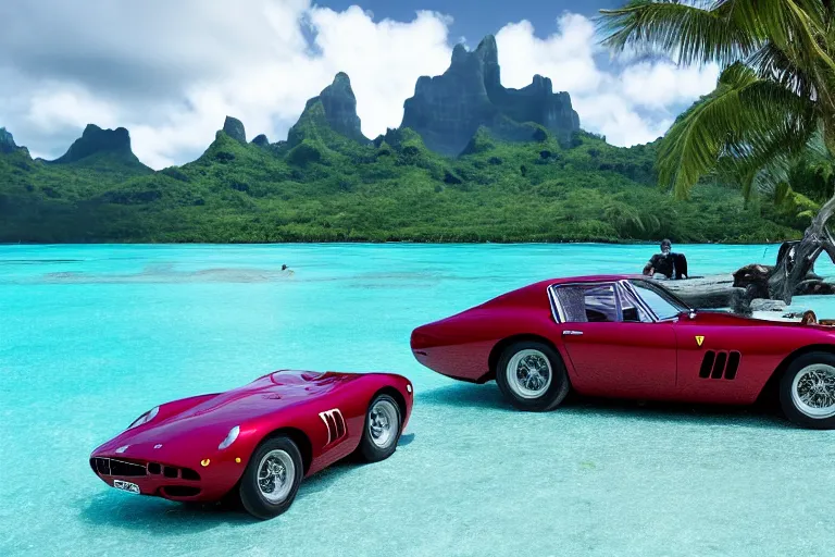 Image similar to cinematography of Ferrari 250 GTO series 2 in bora bora by Emmanuel Lubezki