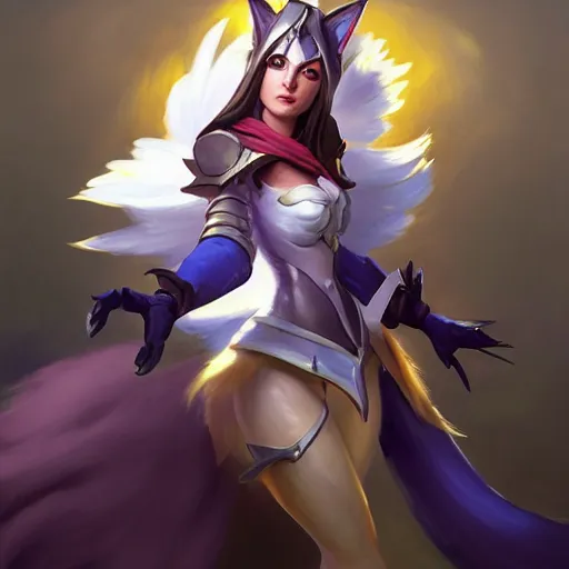 Image similar to greg manchess portrait painting of partially armored ahri from league of legends as overwatch character, medium shot, asymmetrical, profile picture, organic painting, sunny day, matte painting, bold shapes, hard edges, street art, trending on artstation, by huang guangjian, gil elvgren, ruan jia, randy vargas, greg rutkowski