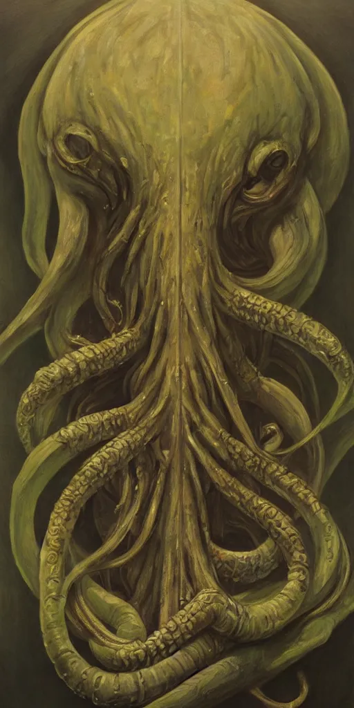 Image similar to a stunning and noble highly detailed portrait of cthulhu by h. r giger and edward hopper, trending on artstation, oil painting masterpiece, symmetry, mysterious, very very very aesthetic