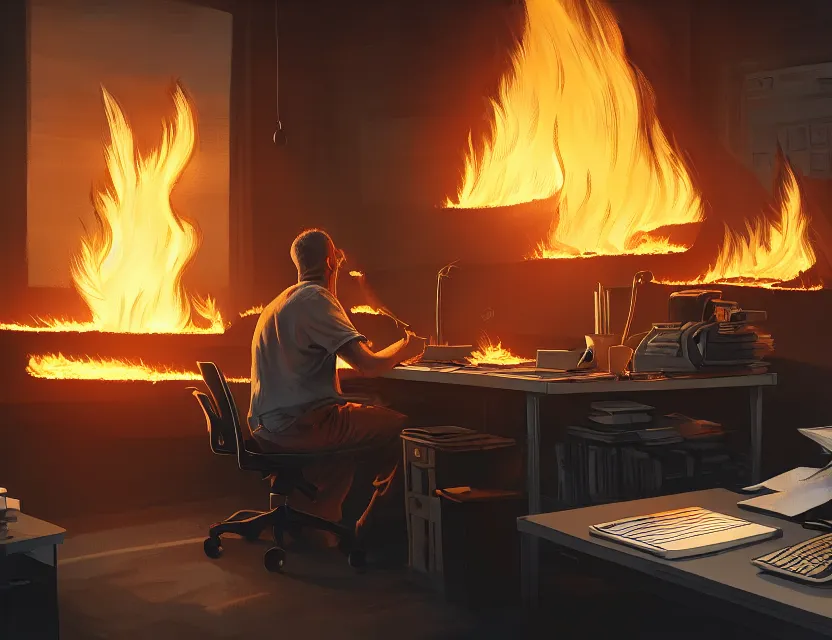 Image similar to a man works at a workstation in a very big office with burning fires, close up, featured in artstation, intricate, ultra detailed, unreal engine, concept art, wide - angle lens, sharp focus, illustration, 8 k