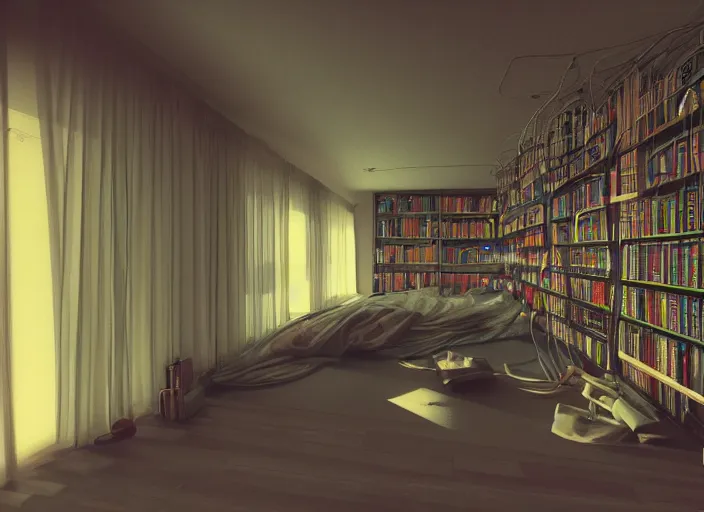 Prompt: rgb wires, library, cinematic, movie scene, inspired by zdzislaw beksinski, veins,, cables everywhere, bedroom, ultra realistic, concept art, intricate details, highly detailed, photorealistic, octane render, 8 k