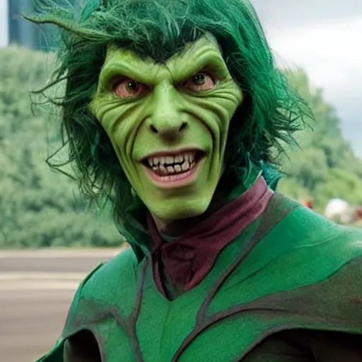 Image similar to jesse eisenberg as pointy eared green goblin