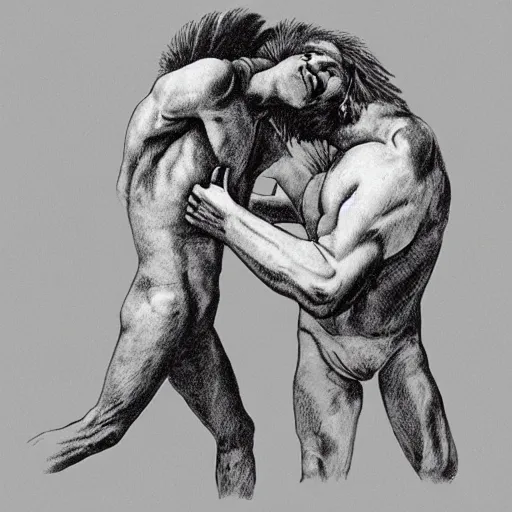 Prompt: man and lion wrestling Art