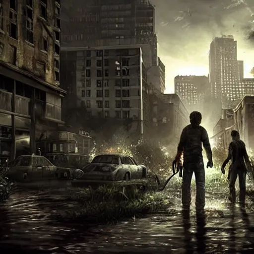 Image similar to a well lit apocalypse with zombies from the last of us, noir, highly detailed, hyperrealistic, artstyle