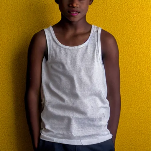 Prompt: black teenage boy wearing a white tank top, standing in a room with yellow walls and brown carpet