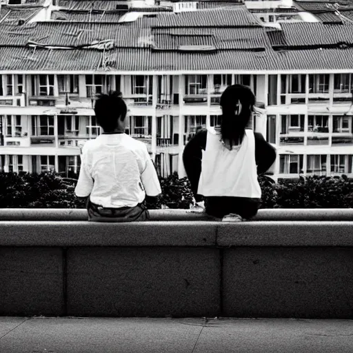 Image similar to solemn photo of two singaporean students sitting on the roof of a hdb flat, black and white, award winning, composition