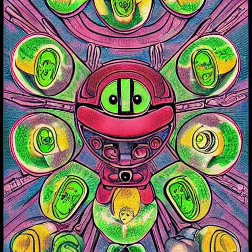 Image similar to intricate symmetrical art of fruit robot by go nagai