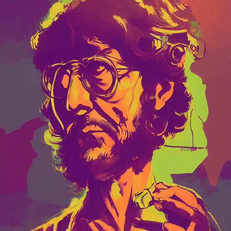 Image similar to duotone trippy 1 9 6 0 s lsd concept illustration portrait of a hippy rock musician. studio scene. volumetric lighting. golden ratio accidental renaissance. by sachin teng and sergey kolesov and ruan jia and heng z. graffiti art, scifi, fantasy, hyper detailed. octane render. concept art. trending on artstation.