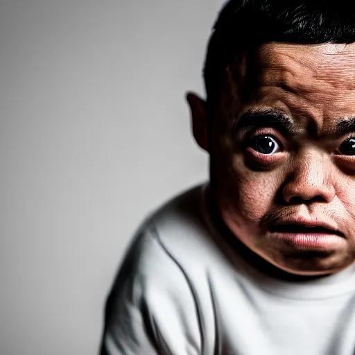 Image similar to portrait of down syndrome kevin gates sharp focus, shallow depth of field, 4 k editorial photograph, soft lighting, blank background