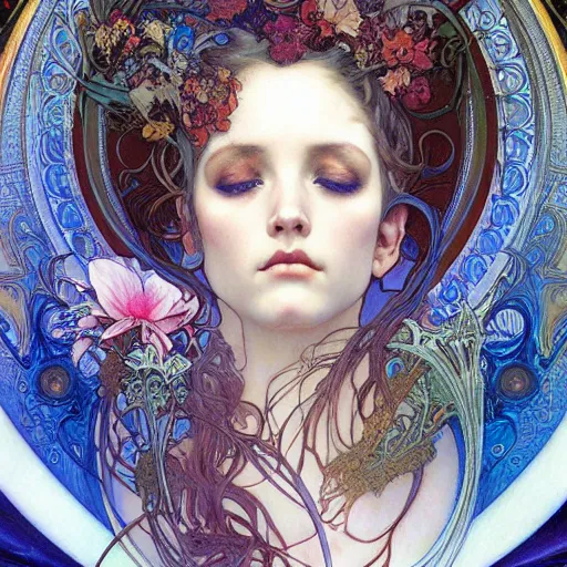 Prompt: realistic detailed face portrait of Surreality Goddess of Psychedelics by Alphonse Mucha, Ayami Kojima, Amano, Charlie Bowater, Karol Bak, Greg Hildebrandt, Jean Delville, and Mark Brooks, Art Nouveau, Neo-Gothic, gothic, rich deep moody colors