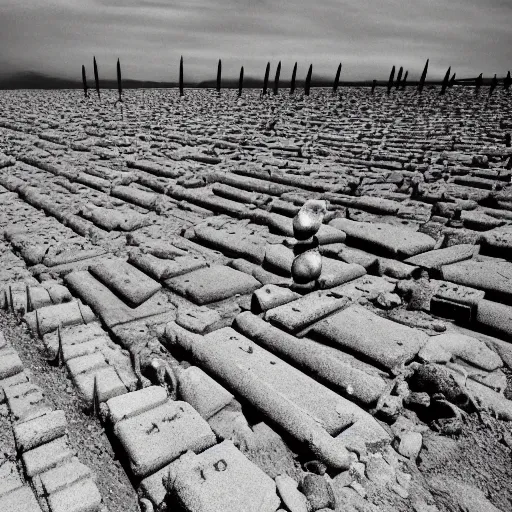 Prompt: radioactive spike field, monolithic granite spikes, one lone person standing in front of the spikes, creepy monotone black and white lighting, post nuclear fallout, desolate, no life, high resolution, old photo, style of salvador dali, van gogh