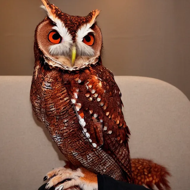 Prompt: a person wearing a fursuit of a red morph screech owl fursona, fursona, furry convention, hotel lobby, indoors, photograph, furry fandom, photorealistic,