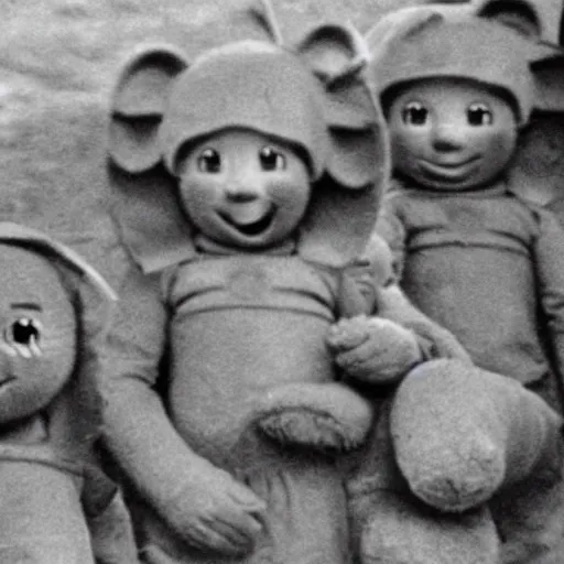 Image similar to teletubbies in a trench during world war 2